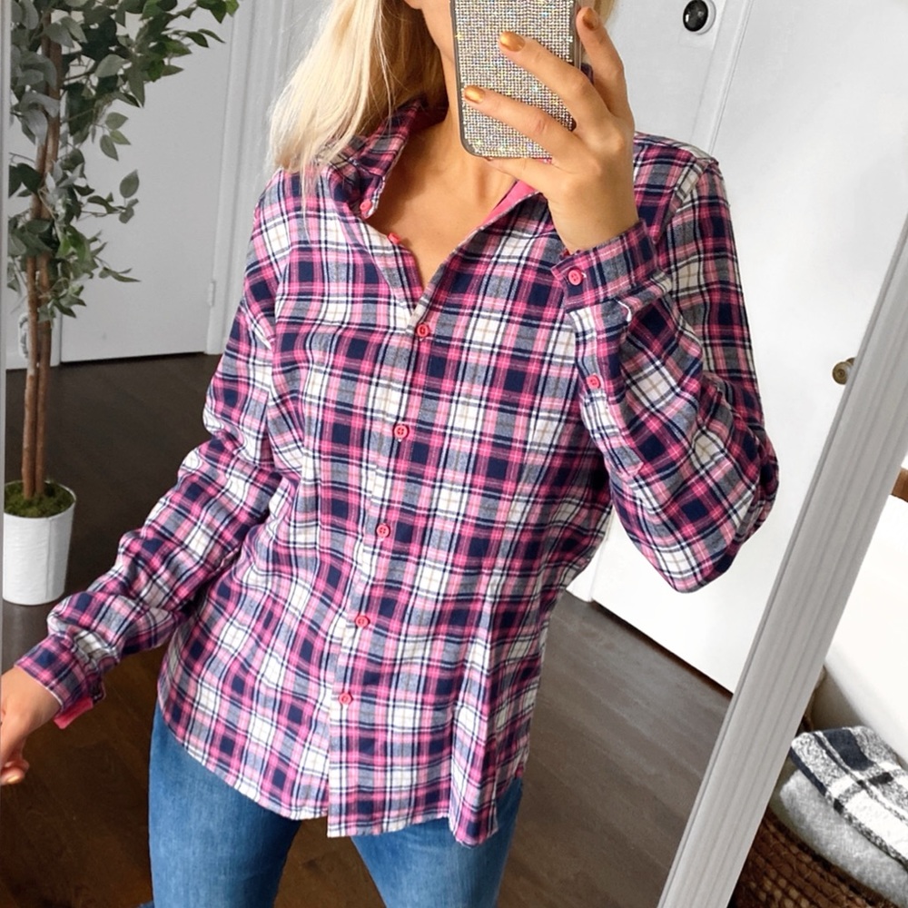 💕 EVERYDAY WEAR PINK BLUE WHITE PLAID FALL SHIRT! - Picture 5 of 13
